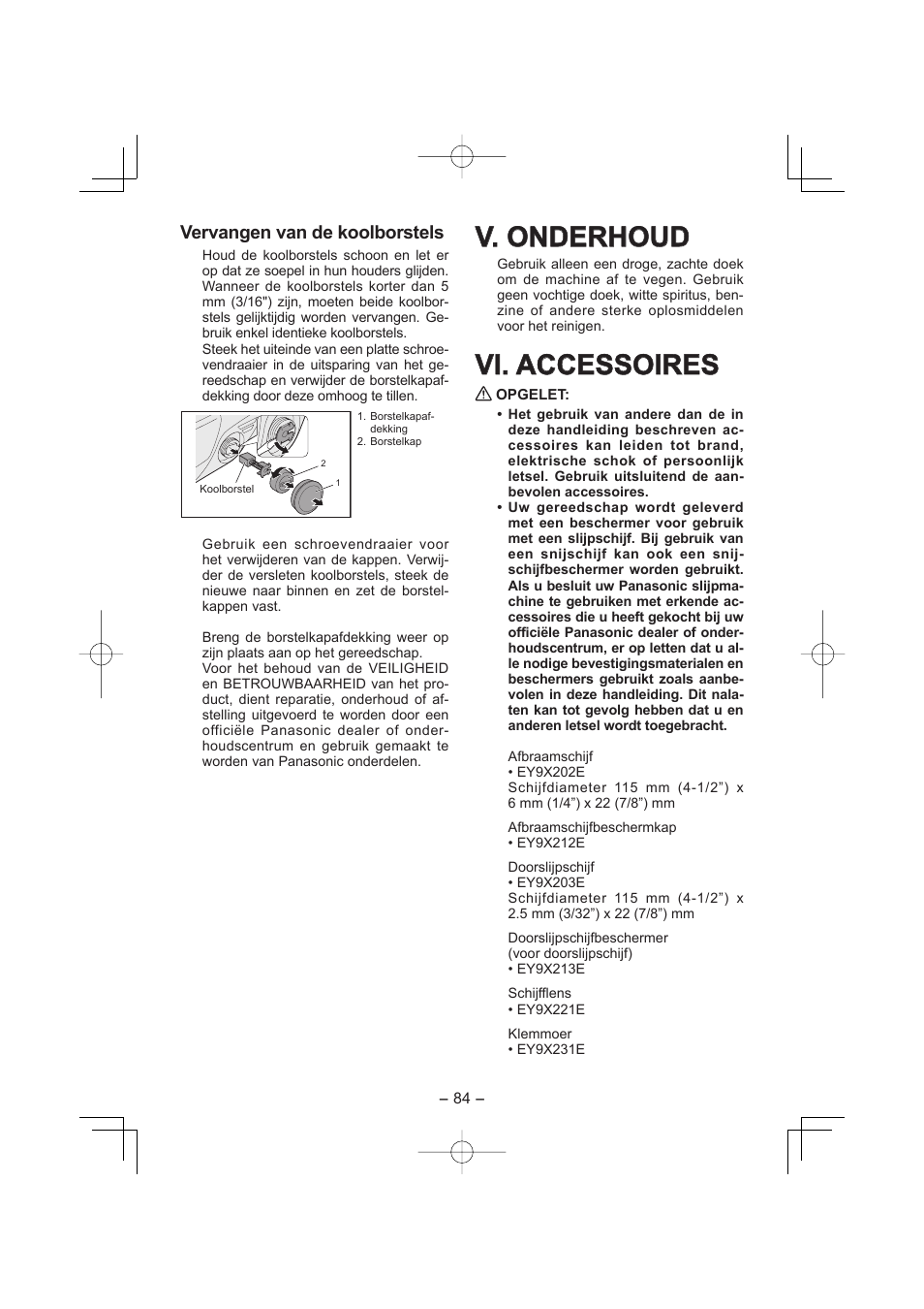 V. onderhoud, Vi. accessoires, Vervangen van de koolborstels | Panasonic EY4640 User Manual | Page 84 / 196