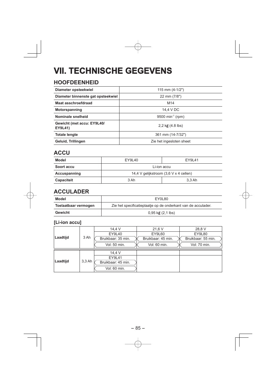 Vii. technische gegevens, Hoofdeenheid, Accu | Acculader | Panasonic EY4640 User Manual | Page 85 / 196