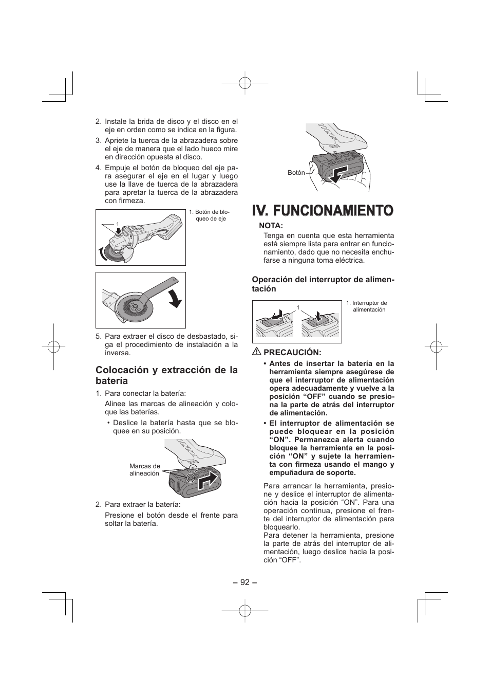 Iv. iv. funcionamiento funcionamiento, Colocación y extracción de la batería | Panasonic EY4640 User Manual | Page 92 / 196