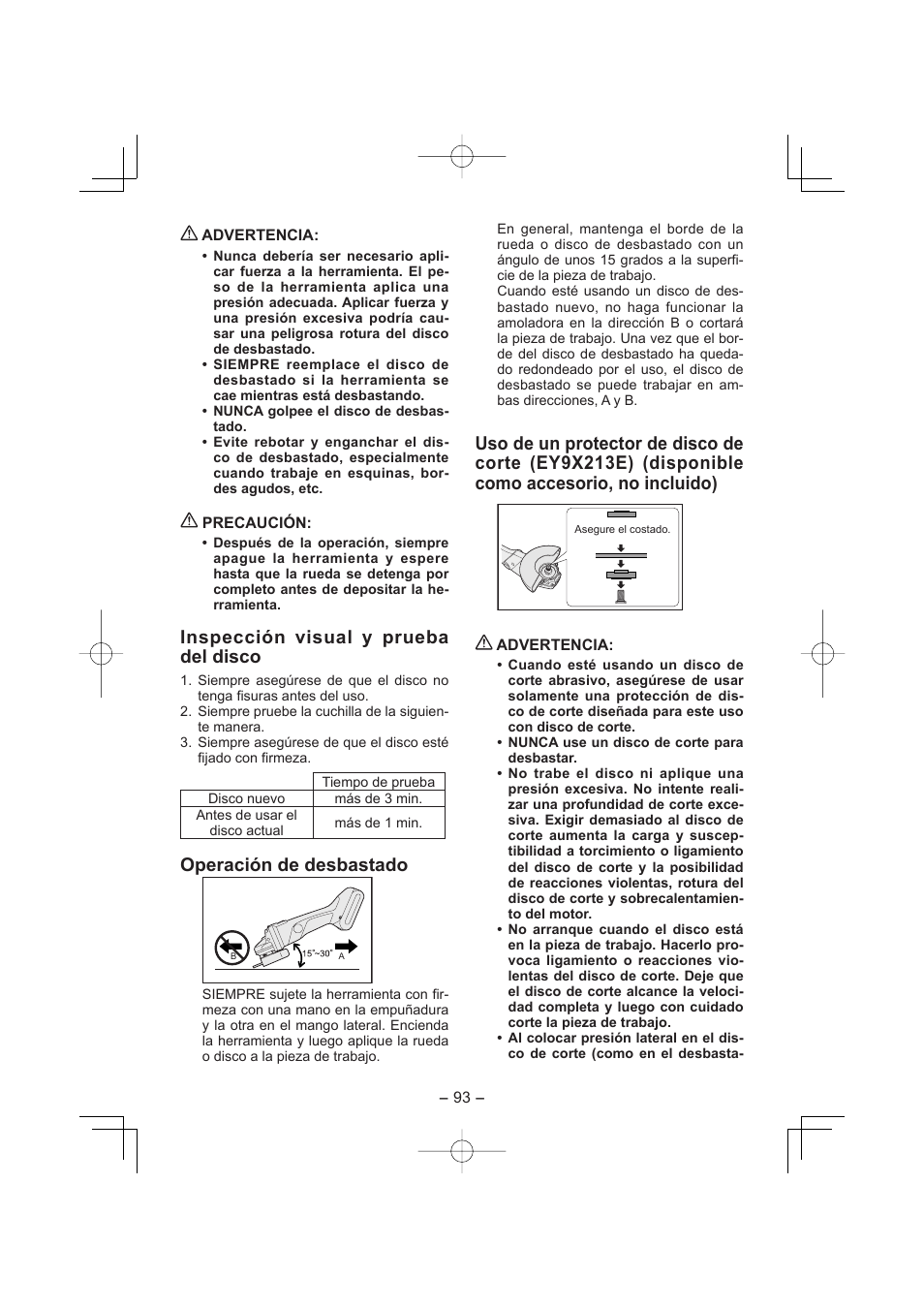 Inspección visual y prueba del disco, Operación de desbastado | Panasonic EY4640 User Manual | Page 93 / 196