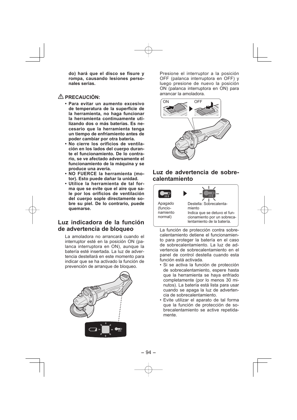 Luz de advertencia de sobre- calentamiento | Panasonic EY4640 User Manual | Page 94 / 196