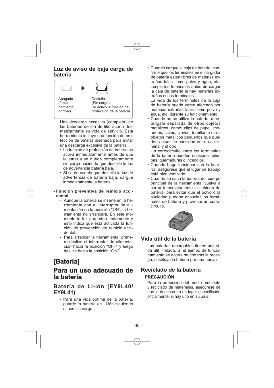 Luz de aviso de baja carga de batería, Vida útil de la batería, Reciclado de la batería | Panasonic EY4640 User Manual | Page 95 / 196