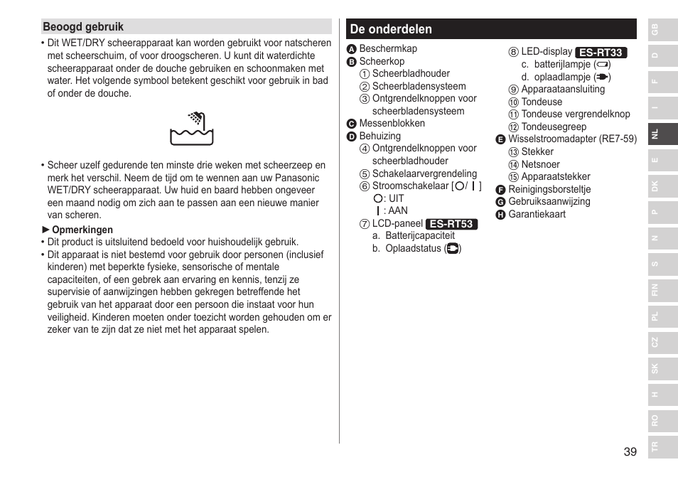 De onderdelen | Panasonic ESRT33 User Manual | Page 39 / 142