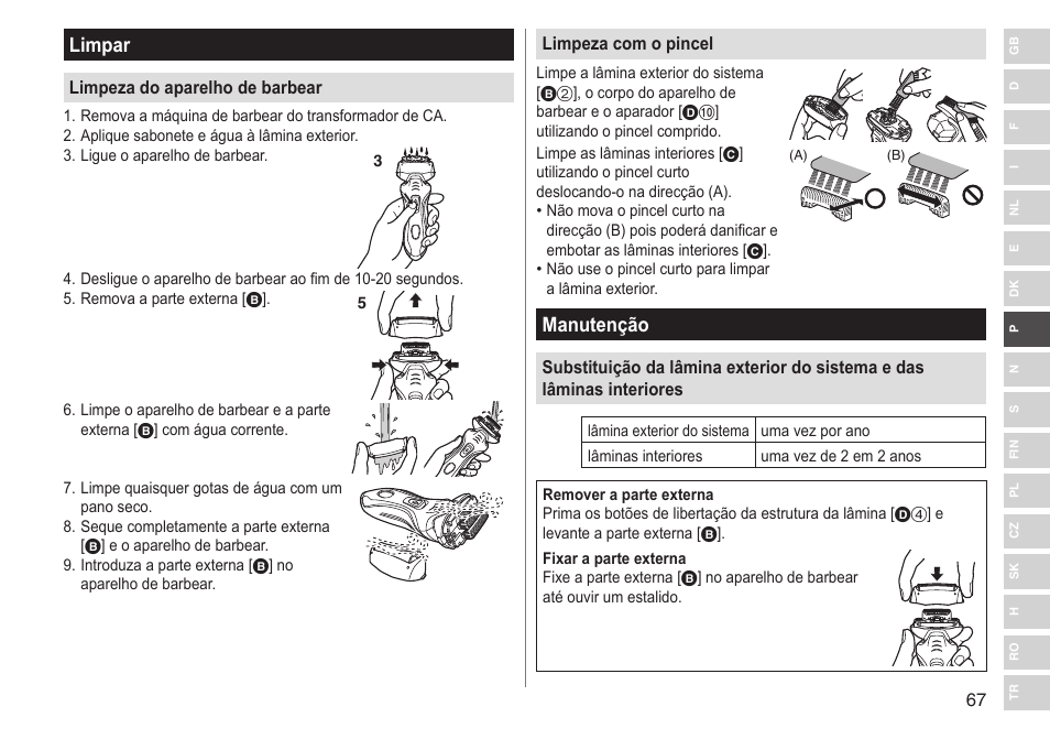 Limpar, Manutenção | Panasonic ESRT33 User Manual | Page 67 / 142