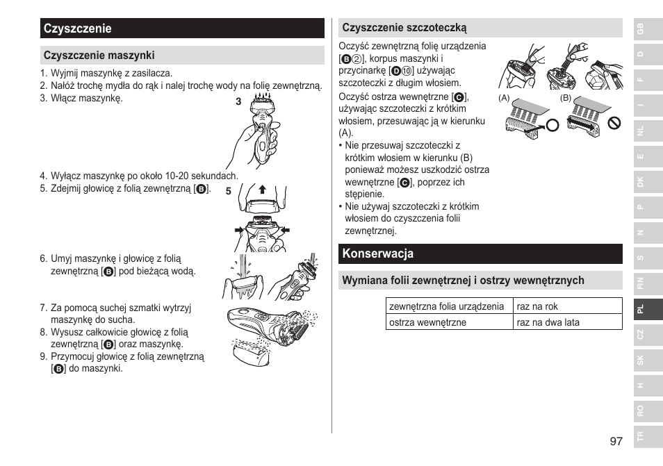 Czyszczenie, Konserwacja | Panasonic ESRT33 User Manual | Page 97 / 142
