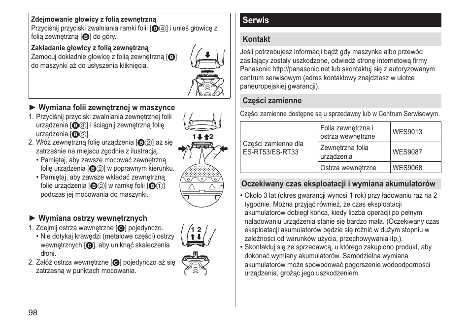 Serwis | Panasonic ESRT33 User Manual | Page 98 / 142