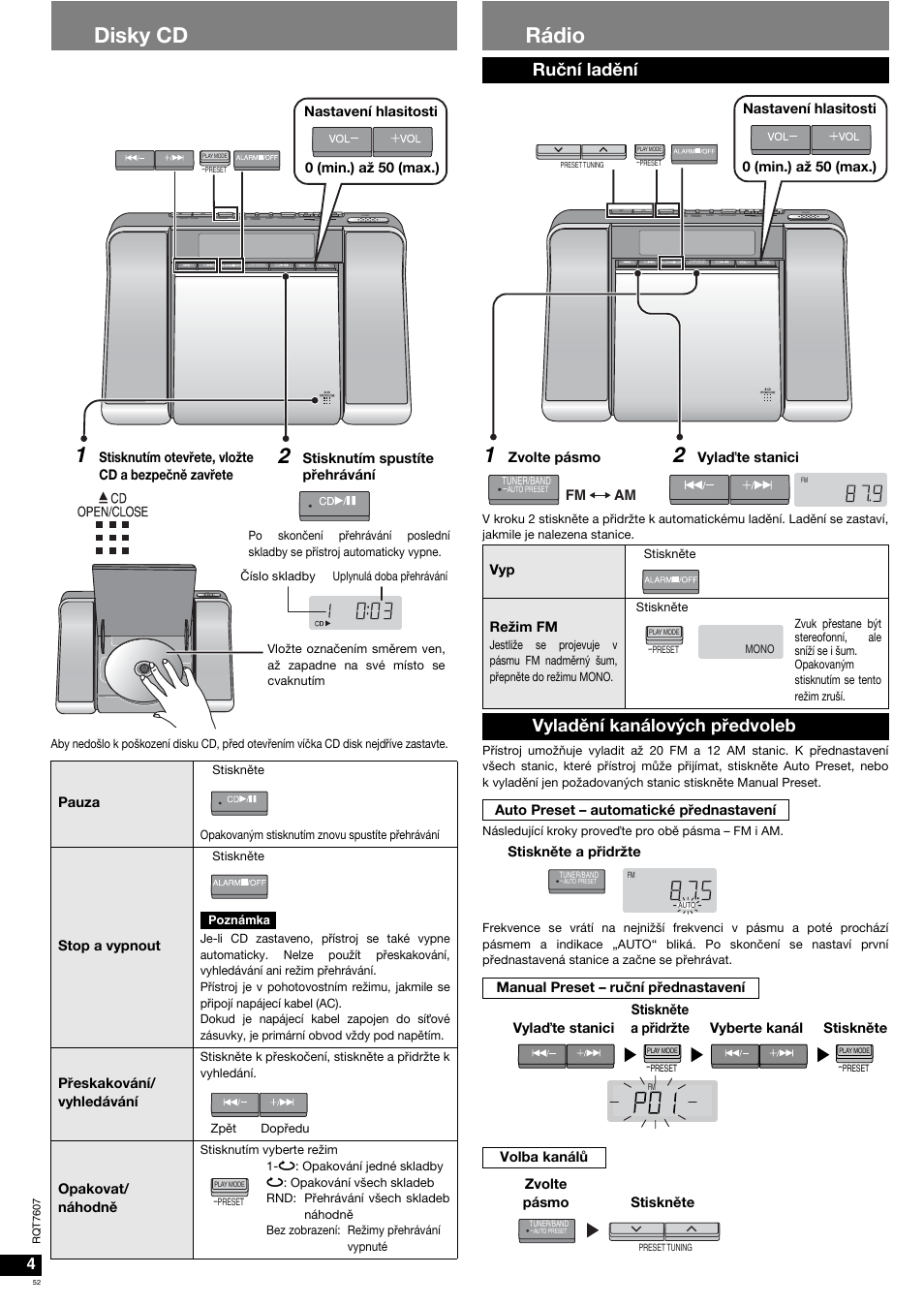 Disky cd, Rádio, Ruční ladění | Vyladění kanálových předvoleb | Panasonic RCCD350 User Manual | Page 52 / 64