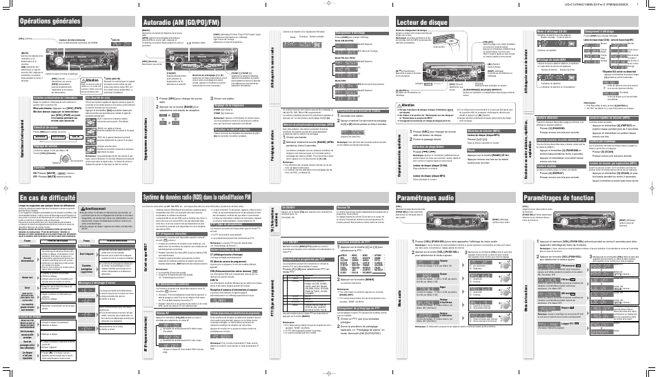 Opérations générales, En cas de difficulté, Autoradio (am [go/po]/fm) | Paramétrages audio, Paramétrages de fonction, Opérations d’ordre général, Avertissement, Préréglage de station, Qu’est-ce que rds, Ta (tnformations routières) | Panasonic CQC1475N User Manual | Page 2 / 4