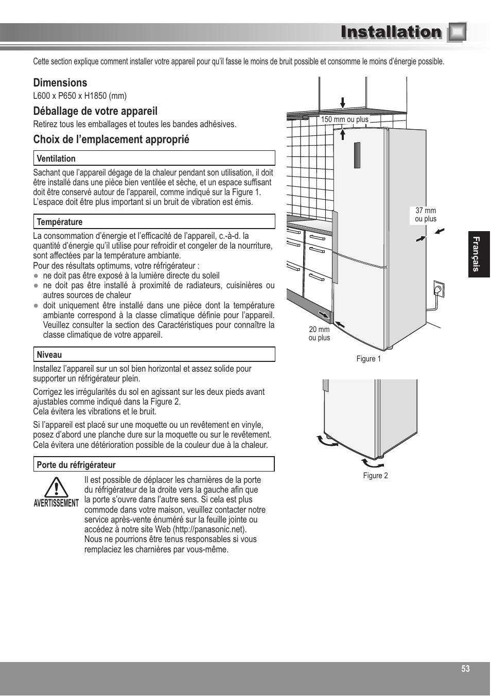 Installation, Dimensions, Déballage de votre appareil | Choix de l’emplacement approprié | Panasonic NRBN31AS1 User Manual | Page 53 / 68