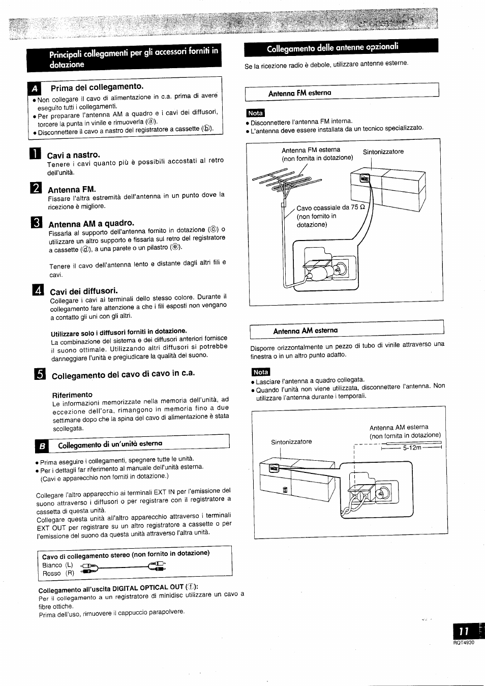 Q prima del collegamento, Cavi a nastro, Antenna fm | Antenna am a quadro, Cavi dei diffusori, Collegamento del cavo di cavo in c.a, Collegamento delle antenne opzionali, Gruppo antenna am a quadro | Panasonic SCHD505MD User Manual | Page 11 / 56