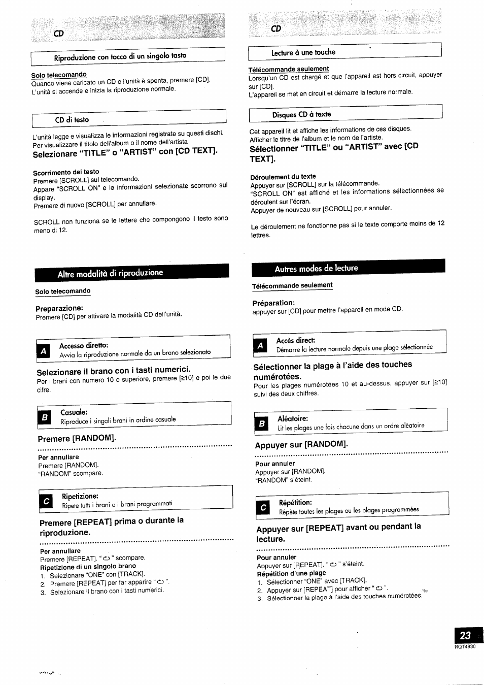 Selezionare “title” o “artist” con [cd text, Sélectionner “title” ou “artist” avec [cd text, Altre modalità di riproduzione | Autres modes de lecture, Preparazione, Selezionare il brano con i tasti numerici, Premere [random, Premere [repeat] prima o durante la riproduzione, Appuyer sur [random, Appuyer sur [repeat] avant ou pendant la lecture | Panasonic SCHD505MD User Manual | Page 23 / 56