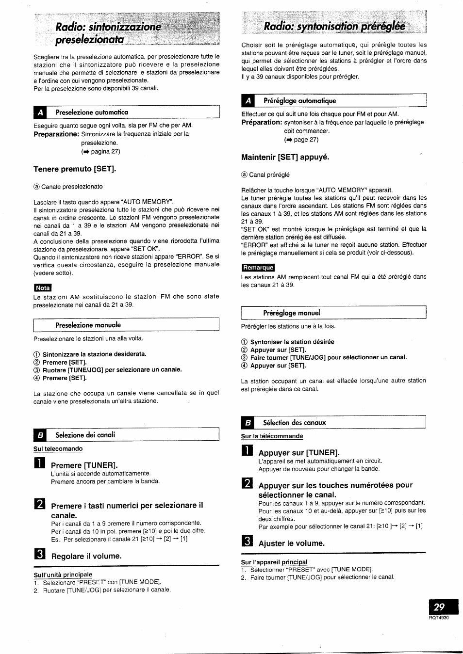 Radio: sintonizzazione preselezionata, Tenere premuto [set, Radio: syntonisation prér(^lée | Maintenir [set] appuyé, Premere [tuner, Premere i tasti numerici per selezionare il canale, Regolare il volume, Appuyer sur [tuner, Ajuster le volume, Radio: syntonisation préréglée | Panasonic SCHD505MD User Manual | Page 29 / 56