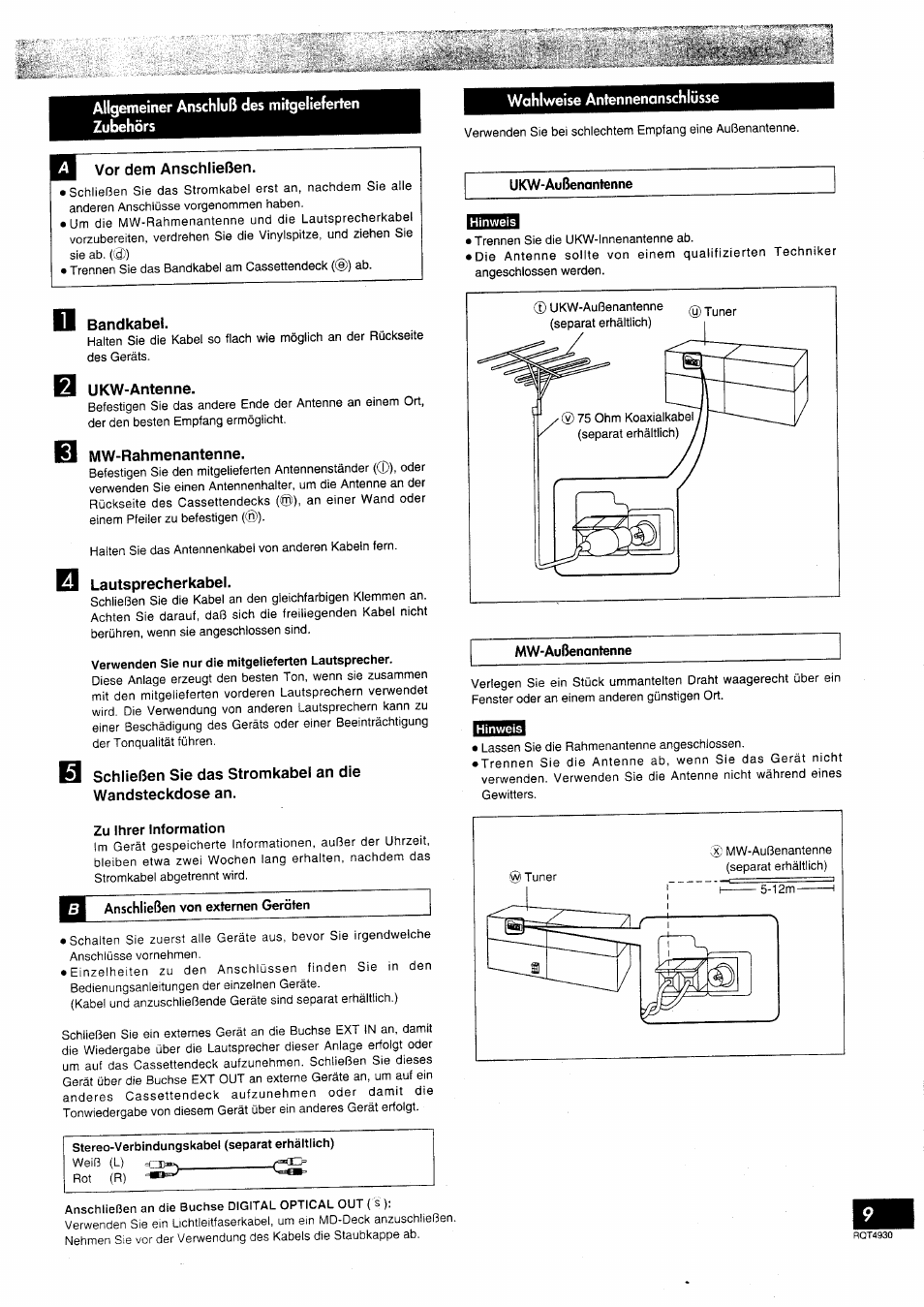 Y vor dem anschließen, Bandkabel, Ukw-anten ne | Mw-rahmenantenne, Lautsprecherkabel, Mw-rahmenantennensatz st | Panasonic SCHD505MD User Manual | Page 9 / 56