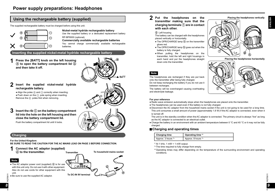 Power supply preparations: headphones, Using the rechargeable battery (supplied) | Panasonic RPWF6000 User Manual | Page 5 / 113