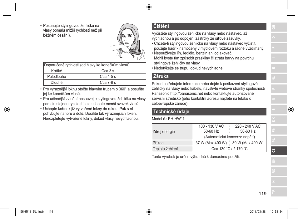 Čištění, Záruka, Technické údaje | Panasonic EHHW11 User Manual | Page 119 / 158