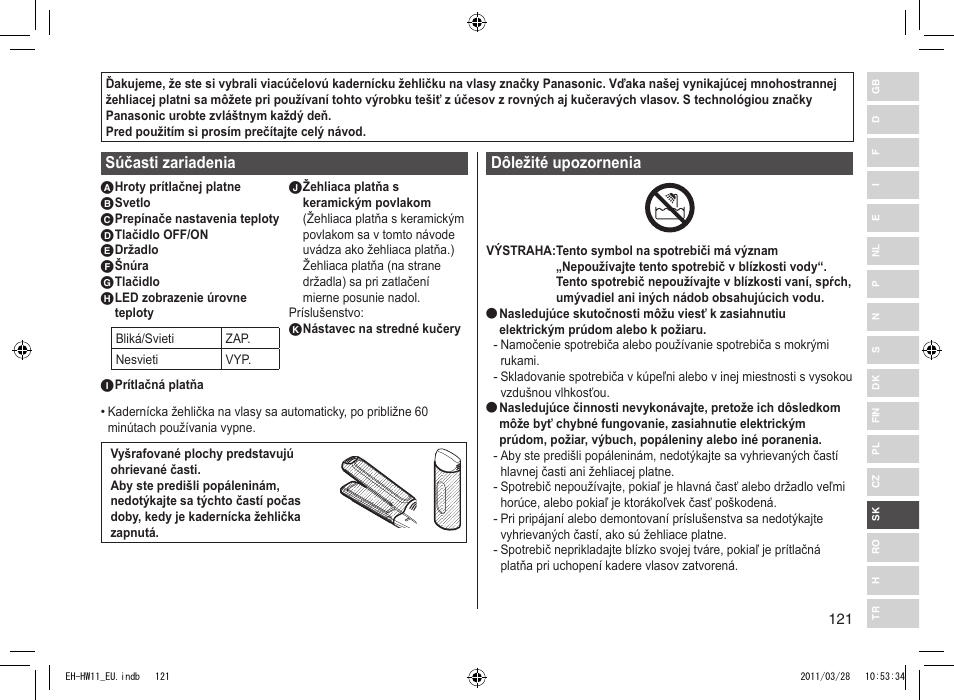 Súčasti zariadenia, Dôležité upozornenia | Panasonic EHHW11 User Manual | Page 121 / 158