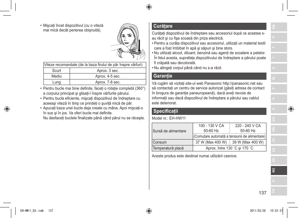 Curăţare, Garanţie, Specificaţii | Panasonic EHHW11 User Manual | Page 137 / 158