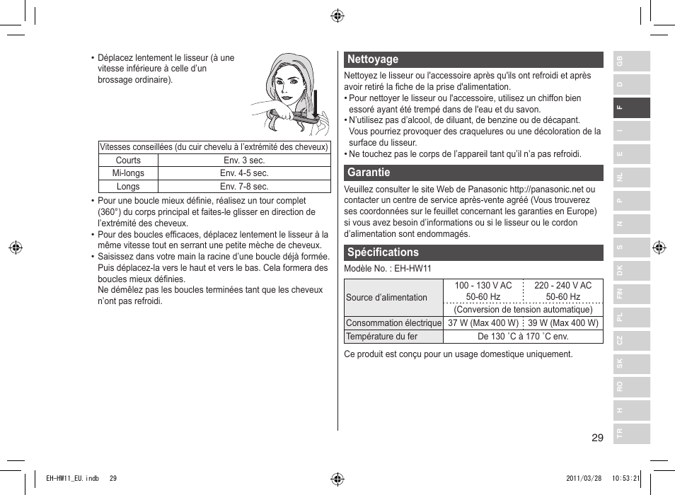 Nettoyage, Garantie, Spécifications | Panasonic EHHW11 User Manual | Page 29 / 158