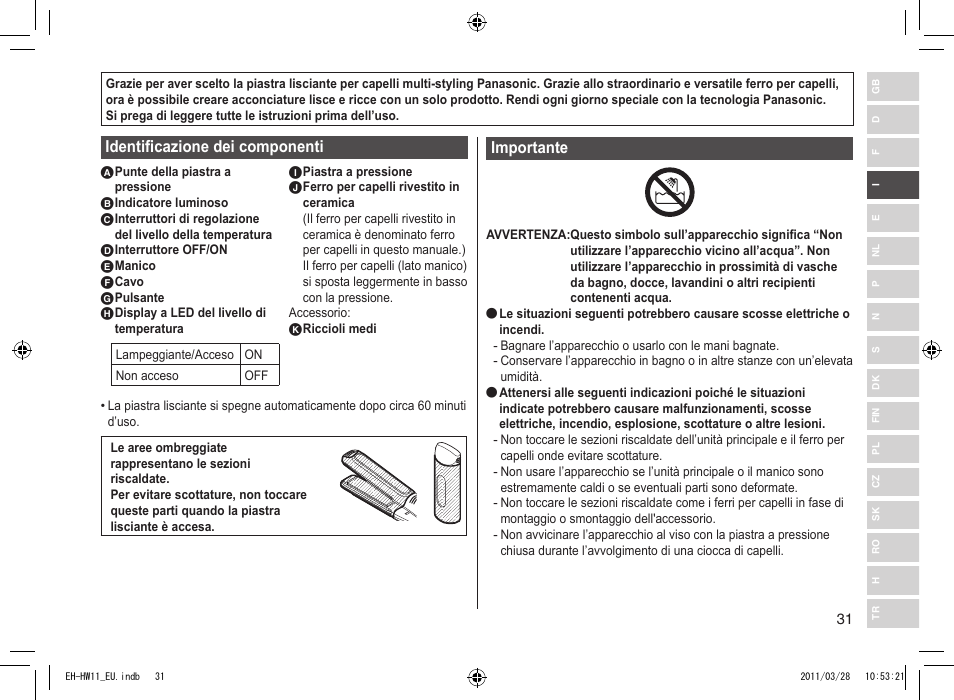 Identificazione dei componenti, Importante | Panasonic EHHW11 User Manual | Page 31 / 158