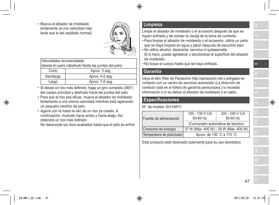 Limpieza, Garantía, Especificaciones | Panasonic EHHW11 User Manual | Page 47 / 158