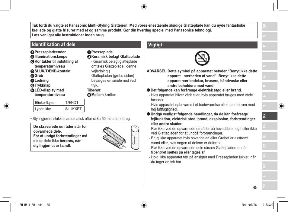 Identifikation af dele, Vigtigt | Panasonic EHHW11 User Manual | Page 85 / 158