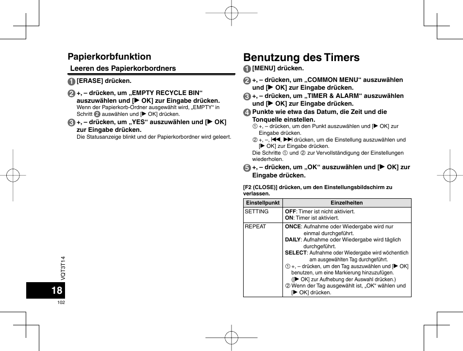 Benutzung des timers, Papierkorbfunktion | Panasonic RRXS410E User Manual | Page 102 / 230