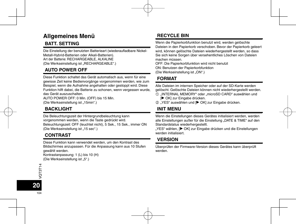 Allgemeines menü | Panasonic RRXS410E User Manual | Page 104 / 230