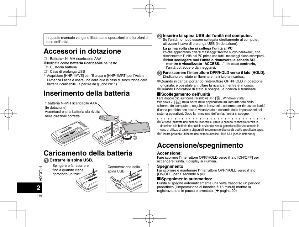 Caricamento della batteria | Panasonic RRXS410E User Manual | Page 110 / 230