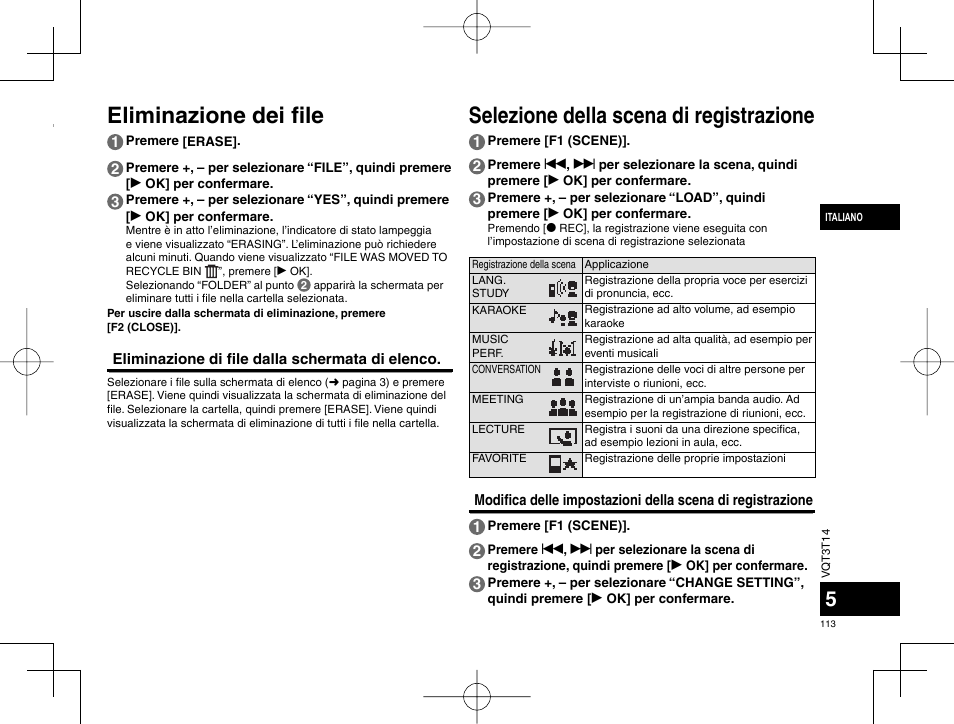 Eliminazione dei fi le, Selezione della scena di registrazione | Panasonic RRXS410E User Manual | Page 113 / 230