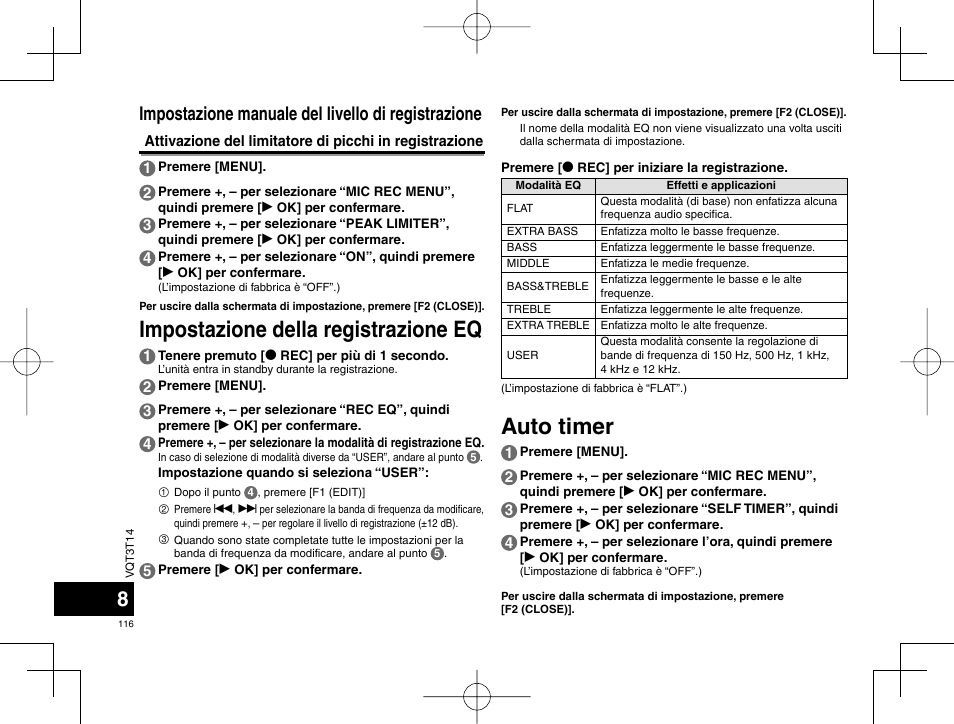 Auto timer, Impostazione della registrazione eq, Impostazione manuale del livello di registrazione | Panasonic RRXS410E User Manual | Page 116 / 230