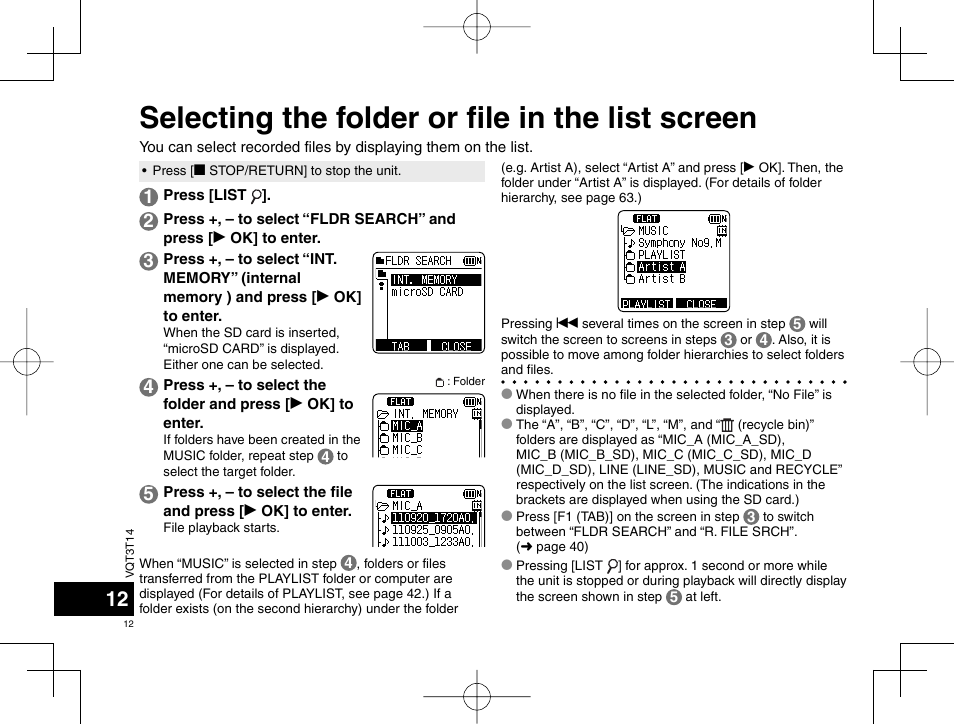 Selecting the folder or fi le in the list screen | Panasonic RRXS410E User Manual | Page 12 / 230