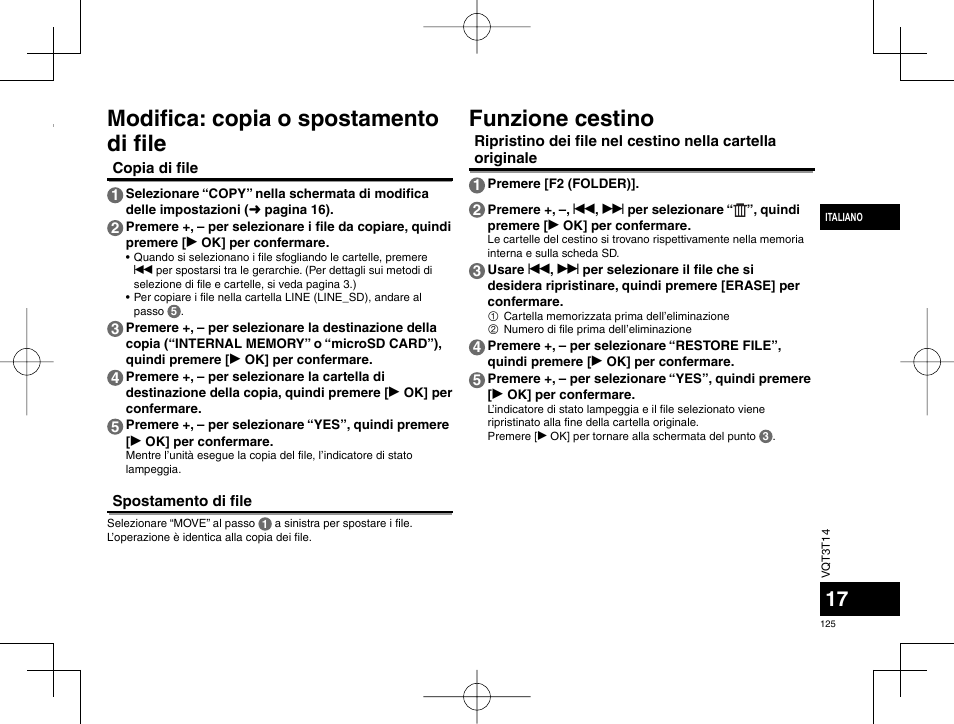 Modifi ca: copia o spostamento di fi le, Funzione cestino | Panasonic RRXS410E User Manual | Page 125 / 230