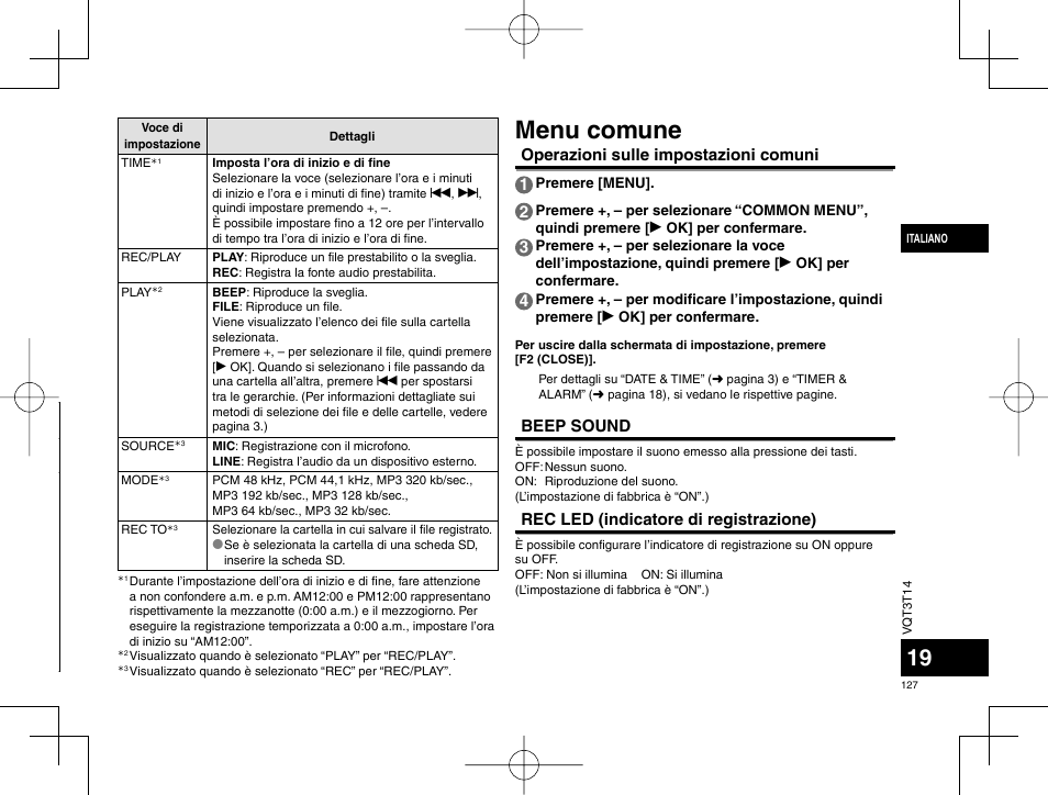 Menu comune, Operazioni sulle impostazioni comuni 1, Beep sound | Rec led (indicatore di registrazione) | Panasonic RRXS410E User Manual | Page 127 / 230