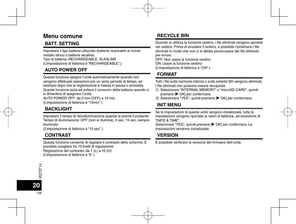 Menu comune | Panasonic RRXS410E User Manual | Page 128 / 230