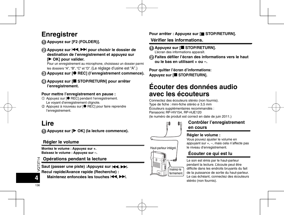 Écouter des données audio avec les écouteurs, Enregistrer lire | Panasonic RRXS410E User Manual | Page 136 / 230