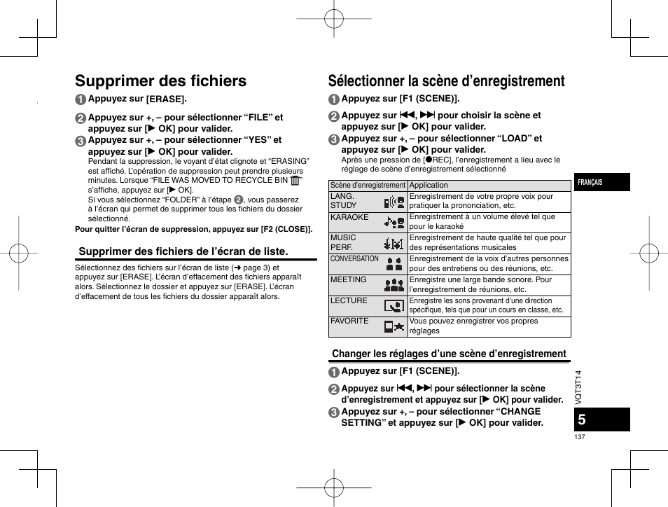 Supprimer des fi chiers, Sélectionner la scène d’enregistrement | Panasonic RRXS410E User Manual | Page 137 / 230