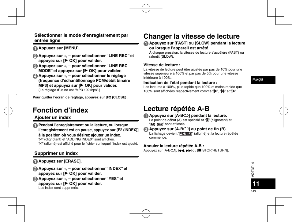 Changer la vitesse de lecture lecture répétée a-b, Fonction d’index | Panasonic RRXS410E User Manual | Page 143 / 230