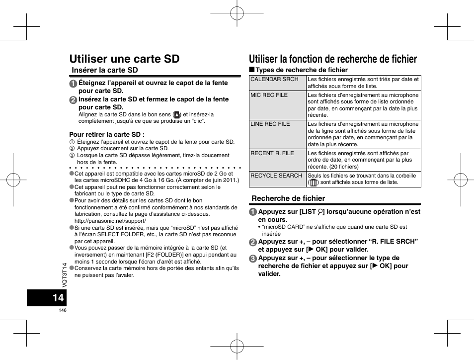 Utiliser la fonction de recherche de fi chier, Utiliser une carte sd | Panasonic RRXS410E User Manual | Page 146 / 230