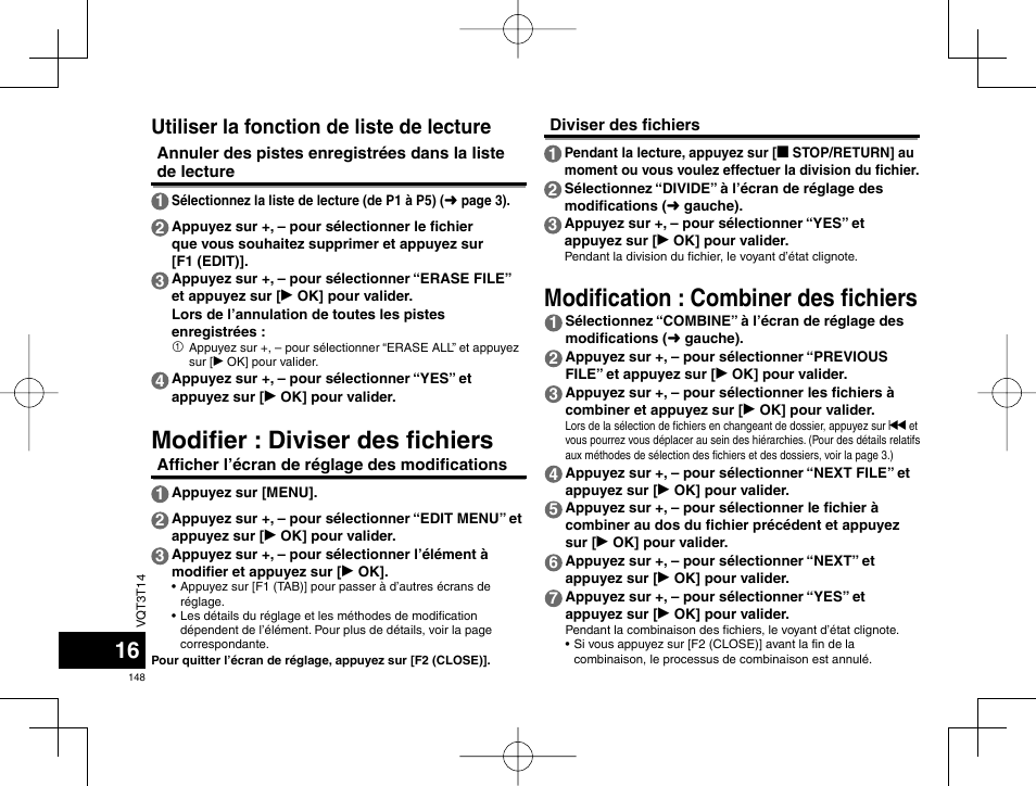 Modifi er : diviser des fi chiers, Modifi cation : combiner des fi chiers, Utiliser la fonction de liste de lecture | Panasonic RRXS410E User Manual | Page 148 / 230