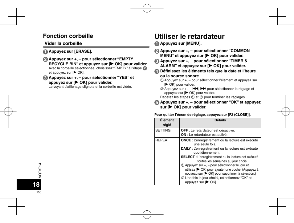 Utiliser le retardateur, Fonction corbeille | Panasonic RRXS410E User Manual | Page 150 / 230