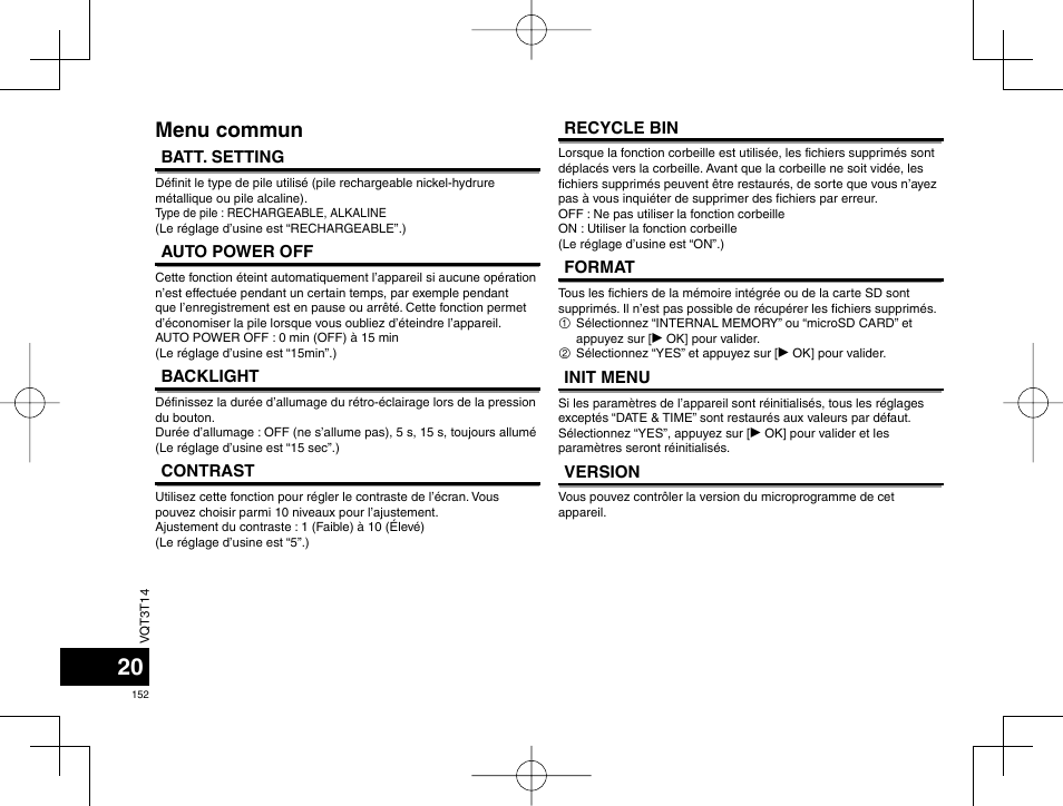 Menu commun | Panasonic RRXS410E User Manual | Page 152 / 230