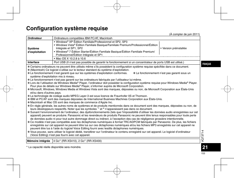 Confi guration système requise | Panasonic RRXS410E User Manual | Page 153 / 230