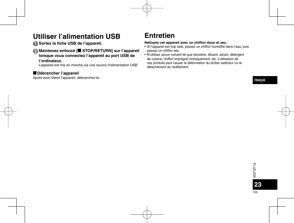 Utiliser l’alimentation usb entretien | Panasonic RRXS410E User Manual | Page 155 / 230