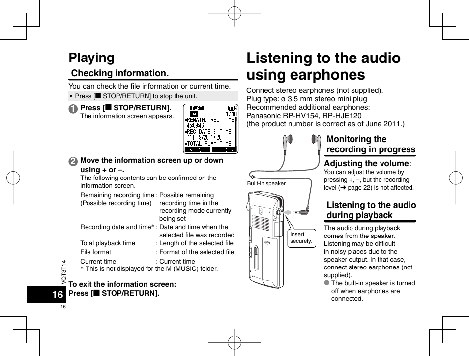 Listening to the audio using earphones, Playing | Panasonic RRXS410E User Manual | Page 16 / 230