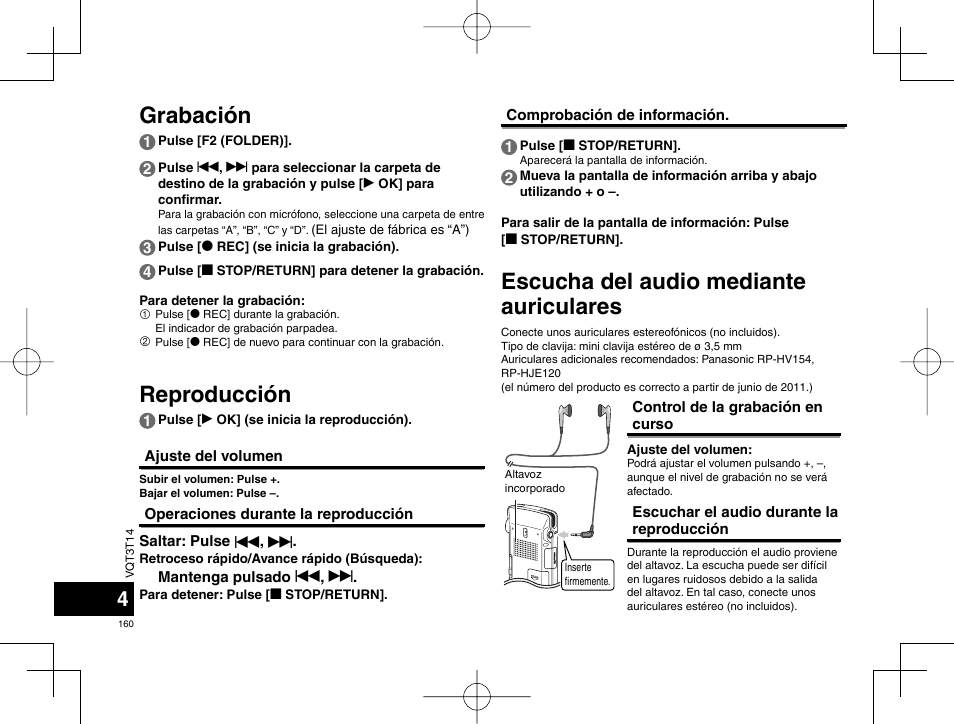 Escucha del audio mediante auriculares, Grabación reproducción | Panasonic RRXS410E User Manual | Page 160 / 230