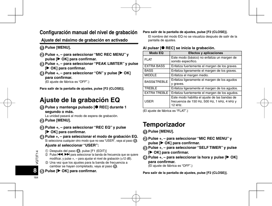 Temporizador, Ajuste de la grabación eq, Confi guración manual del nivel de grabación | Panasonic RRXS410E User Manual | Page 164 / 230