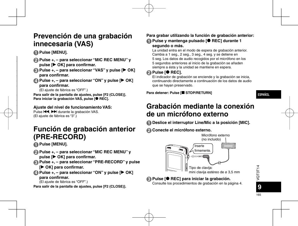 Prevención de una grabación innecesaria (vas), Función de grabación anterior (pre-record) | Panasonic RRXS410E User Manual | Page 165 / 230