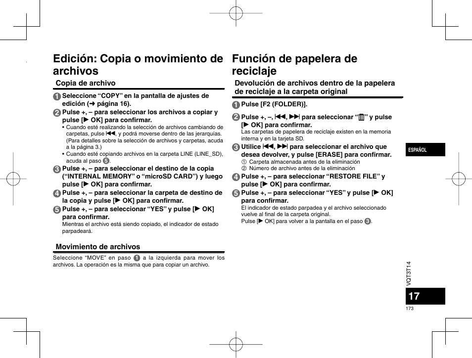 Edición: copia o movimiento de archivos, Función de papelera de reciclaje | Panasonic RRXS410E User Manual | Page 173 / 230