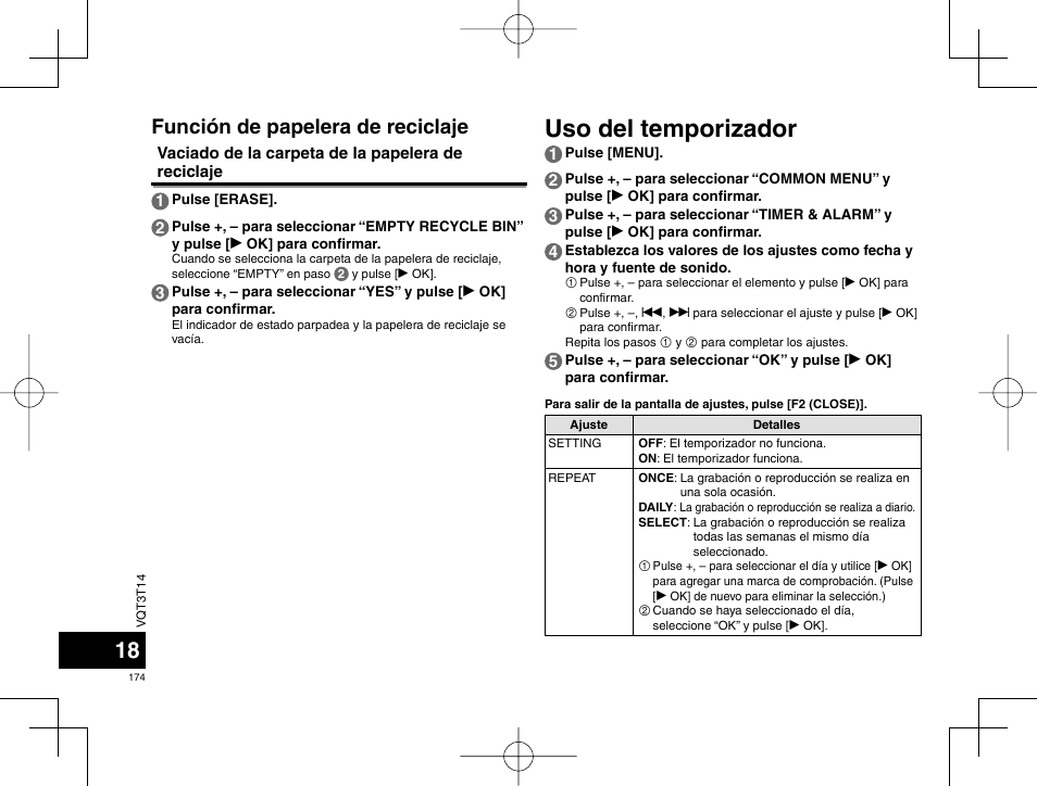 Uso del temporizador, Función de papelera de reciclaje | Panasonic RRXS410E User Manual | Page 174 / 230