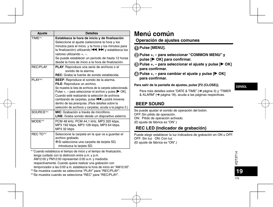 Menú común, Operación de ajustes comunes 1, Beep sound | Rec led (indicador de grabación) | Panasonic RRXS410E User Manual | Page 175 / 230